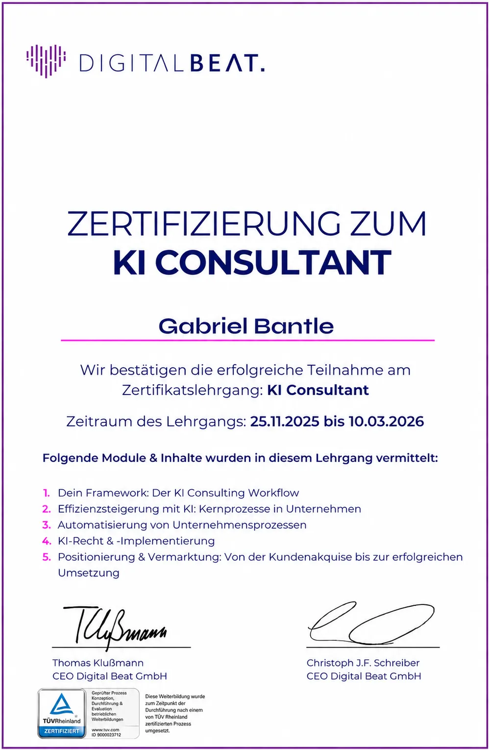 Zertifikat KI Consultant von Digital Beat für Gabriel Bantle